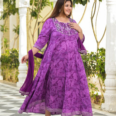 Elegant Voilet Cotton Embroidered Anarkali With Dupatta Set (Plus Size)