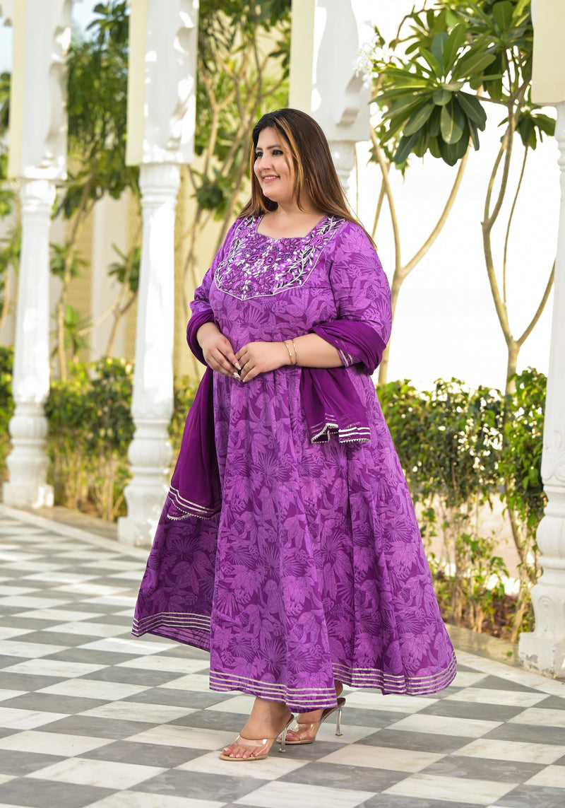 Elegant Voilet Cotton Embroidered Anarkali With Dupatta Set (Plus Size)
