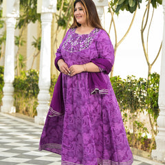 Elegant Voilet Cotton Embroidered Anarkali With Dupatta Set (Plus Size)