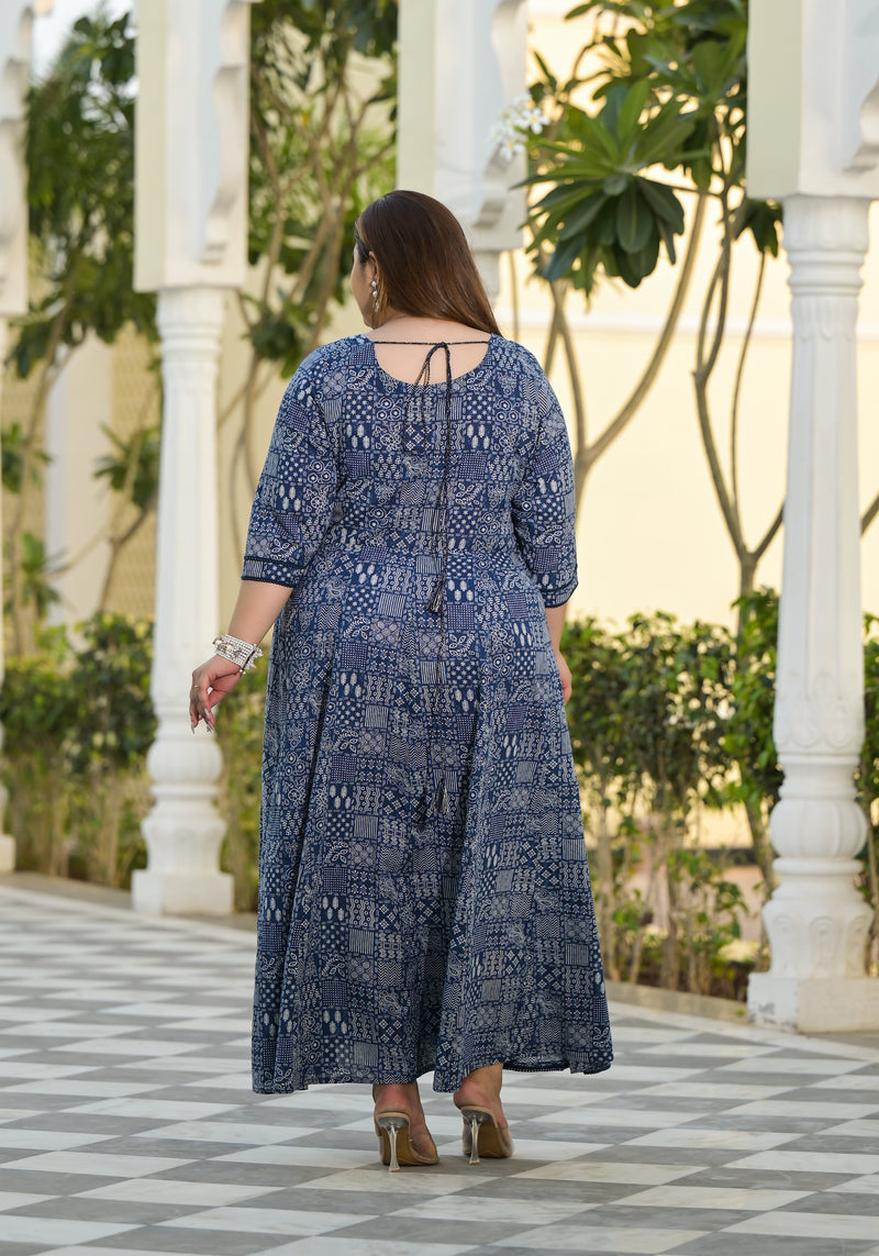 Blue Cotton Embroidered Anarkali With Dupatta Set (Plus Size)