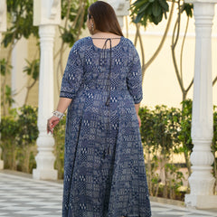 Elegant Blue Cotton Embroidered Anarkali With Dupatta Set (Plus Size)