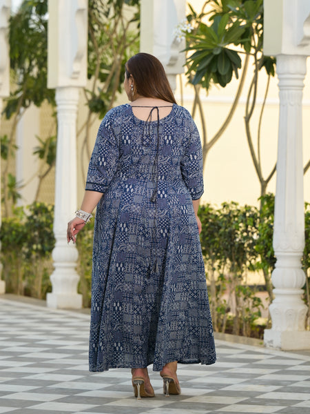 Elegant Blue Cotton Embroidered Anarkali With Dupatta Set (Plus Size)