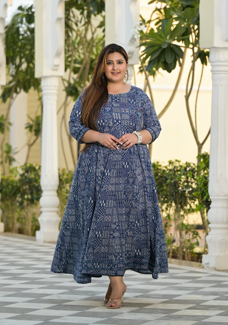 Blue Cotton Embroidered Anarkali With Dupatta Set (Plus Size)