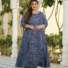 Elegant Blue Cotton Embroidered Anarkali With Dupatta Set (Plus Size)
