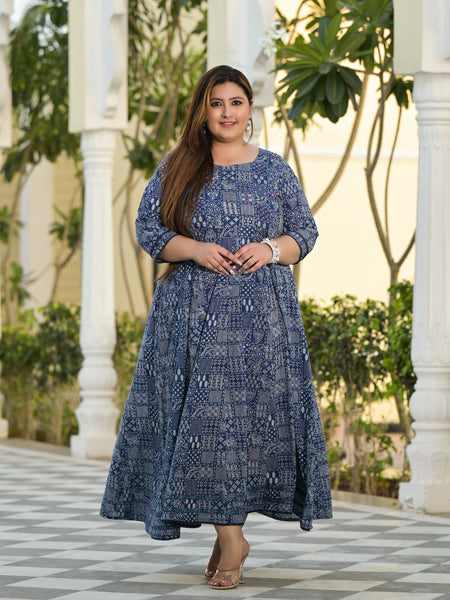 Elegant Blue Cotton Embroidered Anarkali With Dupatta Set (Plus Size)