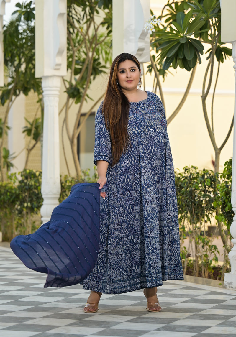 Blue Cotton Embroidered Anarkali With Dupatta Set (Plus Size)