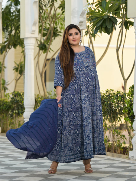 Blue Cotton Embroidered Anarkali With Dupatta Set (Plus Size)