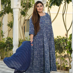 Elegant Blue Cotton Embroidered Anarkali With Dupatta Set (Plus Size)
