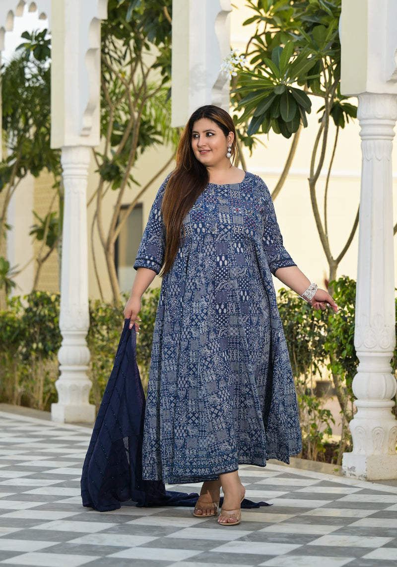 Blue Cotton Embroidered Anarkali With Dupatta Set (Plus Size)