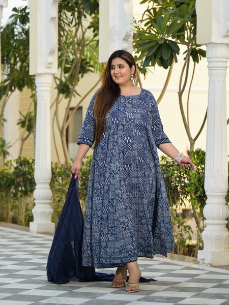 Blue Cotton Embroidered Anarkali With Dupatta Set (Plus Size)