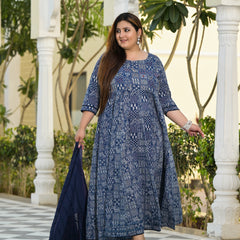 Elegant Blue Cotton Embroidered Anarkali With Dupatta Set (Plus Size)