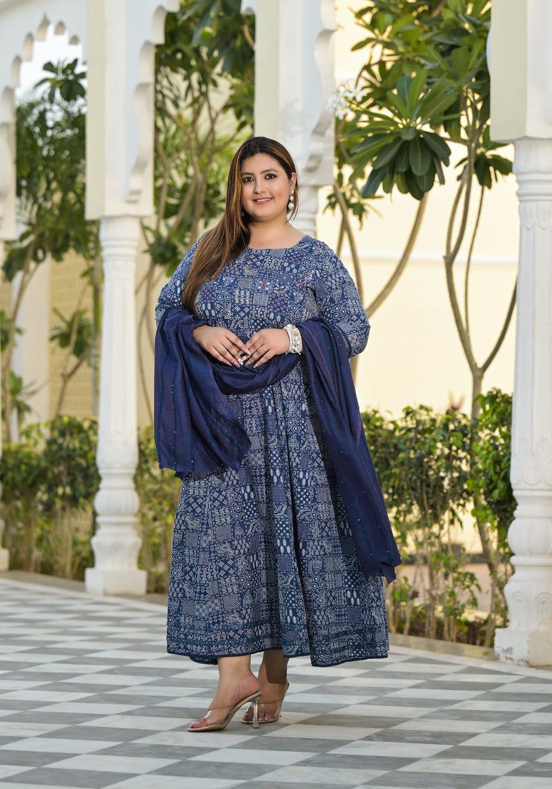 Blue Cotton Embroidered Anarkali With Dupatta Set (Plus Size)