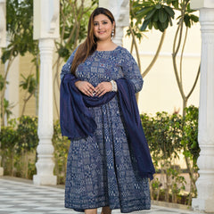 Blue Cotton Embroidered Anarkali With Dupatta Set (Plus Size)