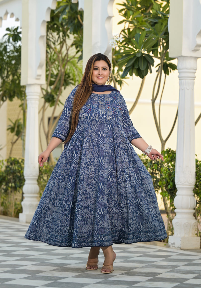 Elegant Blue Cotton Embroidered Anarkali With Dupatta Set (Plus Size)