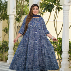 Elegant Blue Cotton Embroidered Anarkali With Dupatta Set (Plus Size)