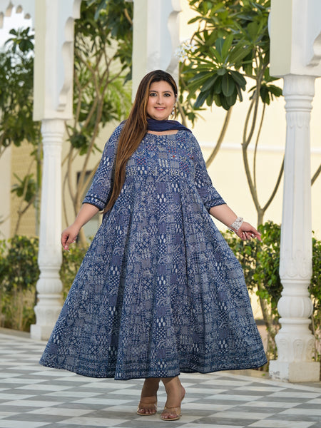 Elegant Blue Cotton Embroidered Anarkali With Dupatta Set (Plus Size)