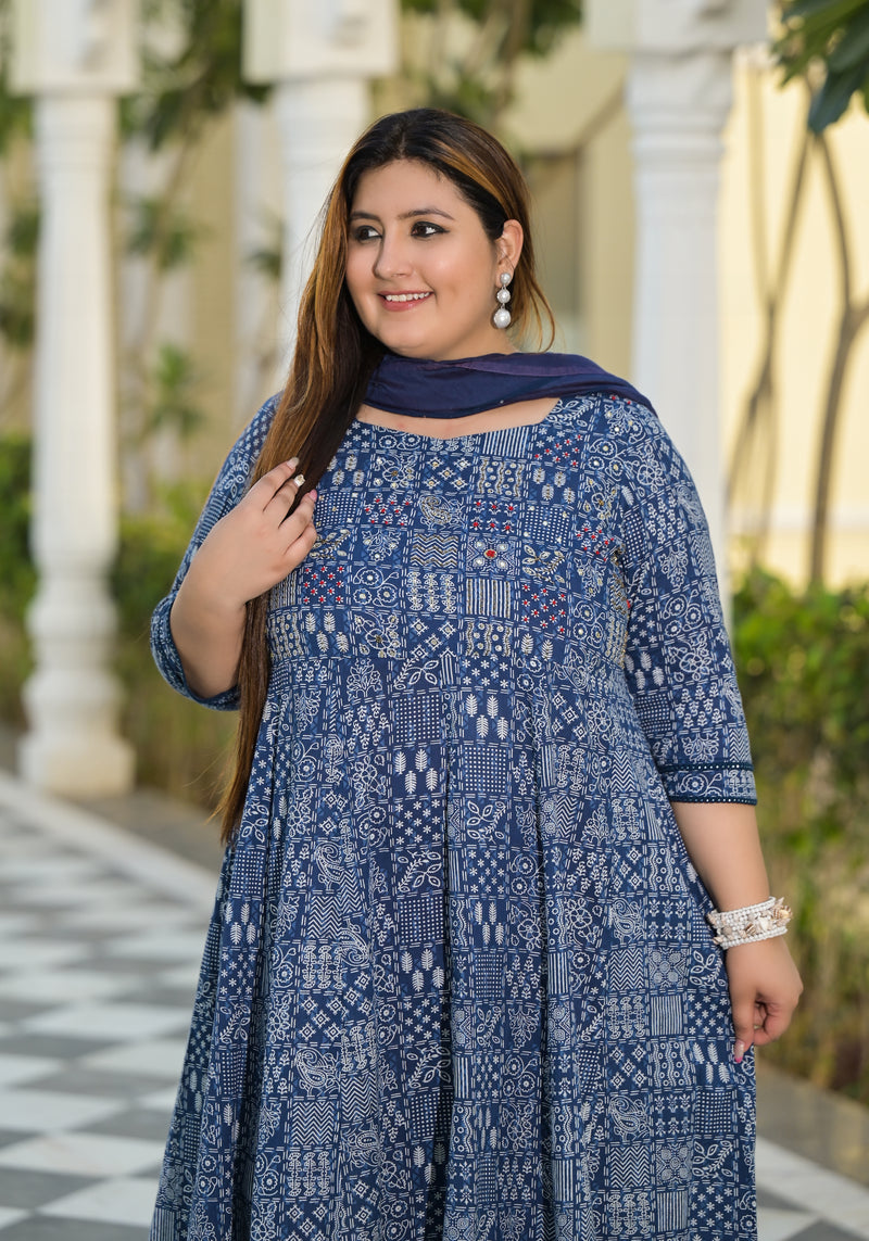 Blue Cotton Embroidered Anarkali With Dupatta Set (Plus Size)