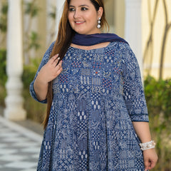 Blue Cotton Embroidered Anarkali With Dupatta Set (Plus Size)