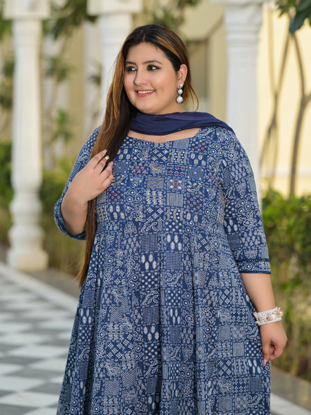 Blue Cotton Embroidered Anarkali With Dupatta Set (Plus Size)