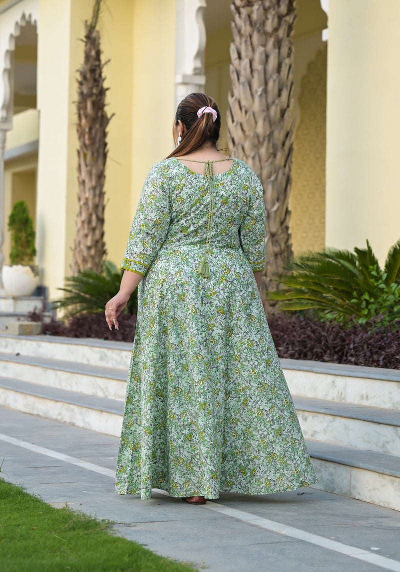 Green Cotton Embroidered Anarkali With Dupatta Set (Plus Size)