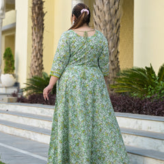 Elegant Green Cotton Embroidered Anarkali With Dupatta Set (Plus Size)