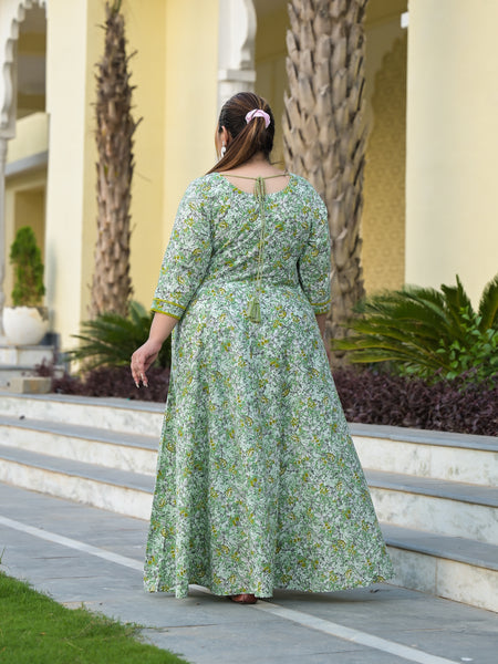 Elegant Green Cotton Embroidered Anarkali With Dupatta Set (Plus Size)