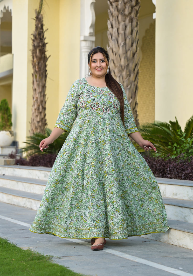 Green Cotton Embroidered Anarkali With Dupatta Set (Plus Size)
