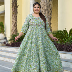 Green Cotton Embroidered Anarkali With Dupatta Set (Plus Size)