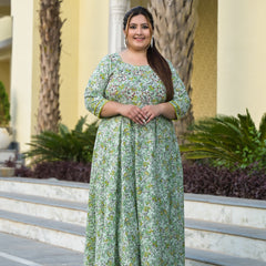 Green Cotton Embroidered Anarkali With Dupatta Set (Plus Size)
