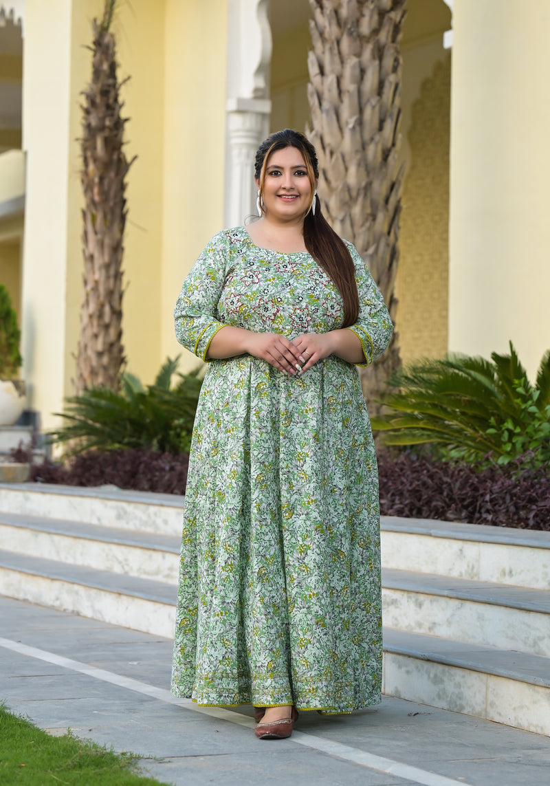 Elegant Green Cotton Embroidered Anarkali With Dupatta Set (Plus Size)
