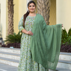 Green Cotton Embroidered Anarkali With Dupatta Set (Plus Size)