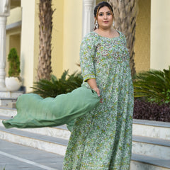 Green Cotton Embroidered Anarkali With Dupatta Set (Plus Size)