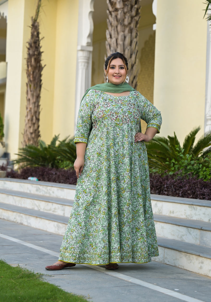 Green Cotton Embroidered Anarkali With Dupatta Set (Plus Size)