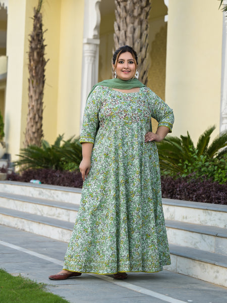 Green Cotton Embroidered Anarkali With Dupatta Set (Plus Size)