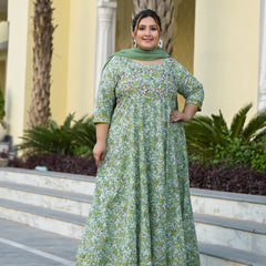 Elegant Green Cotton Embroidered Anarkali With Dupatta Set (Plus Size)