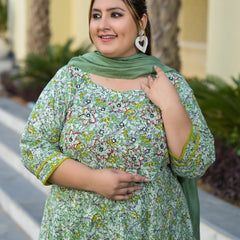 Green Cotton Embroidered Anarkali With Dupatta Set (Plus Size)