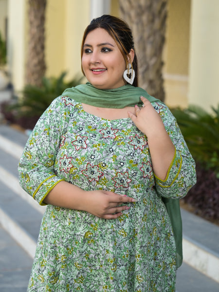Elegant Green Cotton Embroidered Anarkali With Dupatta Set (Plus Size)