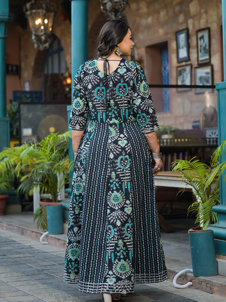 Cotton Embroidered Anarkali With Dupatta Set | Three-Quarter Sleeves (Plus Size)