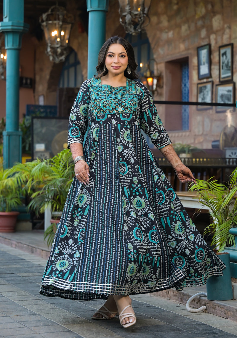 Cotton Embroidered Anarkali With Dupatta Set | Three-Quarter Sleeves (Plus Size)
