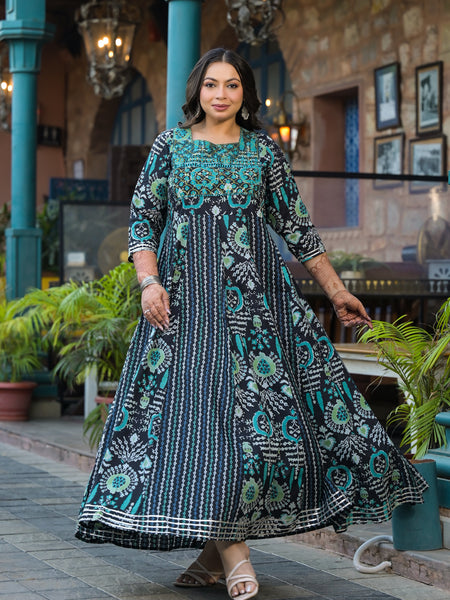 Cotton Embroidered Anarkali With Dupatta Set | Three-Quarter Sleeves (Plus Size)