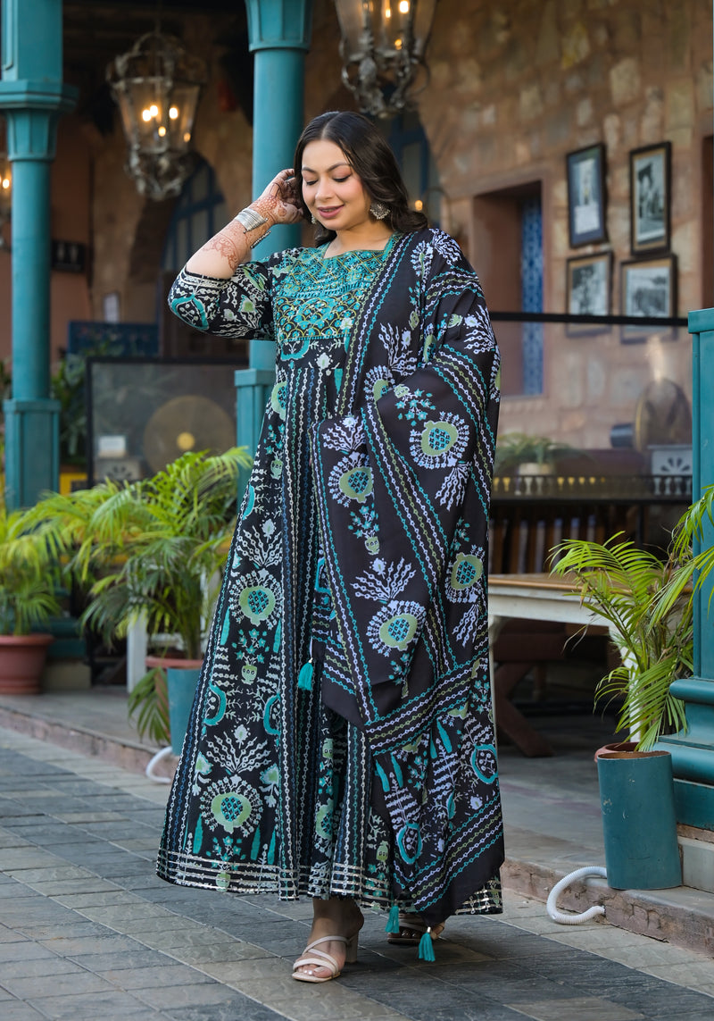 Cotton Embroidered Anarkali With Dupatta Set | Three-Quarter Sleeves (Plus Size)