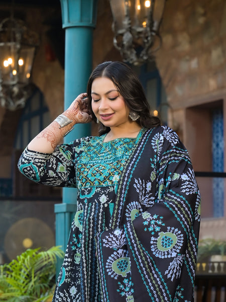 Cotton Embroidered Anarkali With Dupatta Set | Three-Quarter Sleeves (Plus Size)