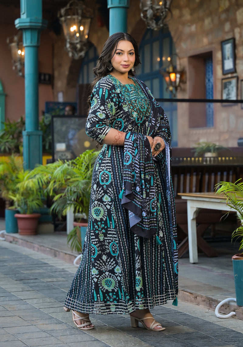 Cotton Embroidered Anarkali With Dupatta Set | Three-Quarter Sleeves (Plus Size)