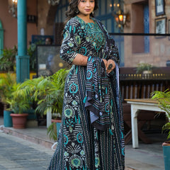 Cotton Embroidered Anarkali With Dupatta Set | Three-Quarter Sleeves (Plus Size)