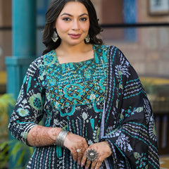 Cotton Embroidered Anarkali With Dupatta Set | Three-Quarter Sleeves (Plus Size)