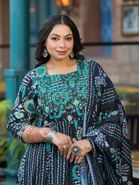 Cotton Embroidered Anarkali With Dupatta Set | Three-Quarter Sleeves (Plus Size)