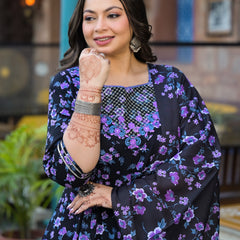 Cotton Embroidered Anarkali With Dupatta Set | Three-Quarter Sleeves (Plus Size)