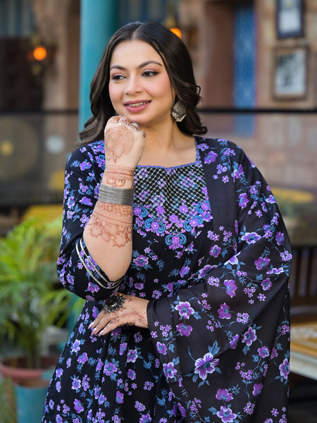 Cotton Embroidered Anarkali With Dupatta Set | Three-Quarter Sleeves (Plus Size)