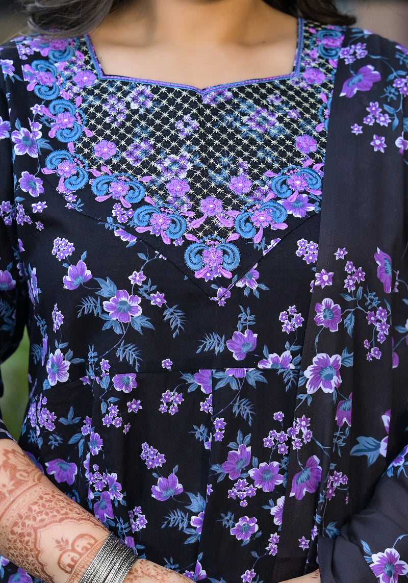 Cotton Embroidered Anarkali With Dupatta Set | Three-Quarter Sleeves (Plus Size)