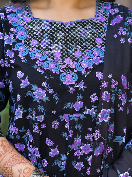 Cotton Embroidered Anarkali With Dupatta Set | Three-Quarter Sleeves (Plus Size)